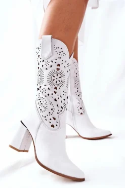 Damskie Skórzane Kozaki na Słupku Białe Lewski 2923 Pick Me Up