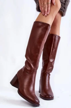 Damskie Skórzane Kozaki Na Słupku Brązowe Bremo