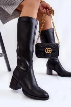 Damskie Skórzane Kozaki Na Słupku Czarne Bremo