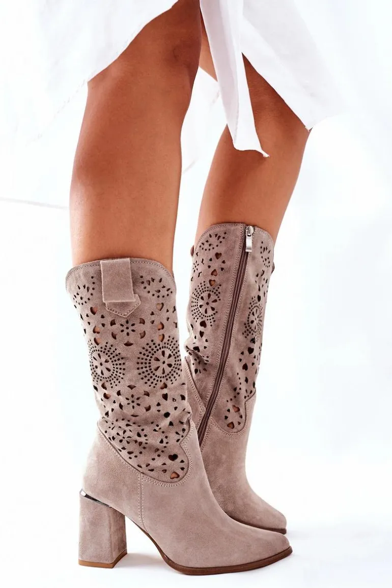 Damskie Skórzane Kozaki na Słupku Cappuccino Lewski 2923 Pick Me Up