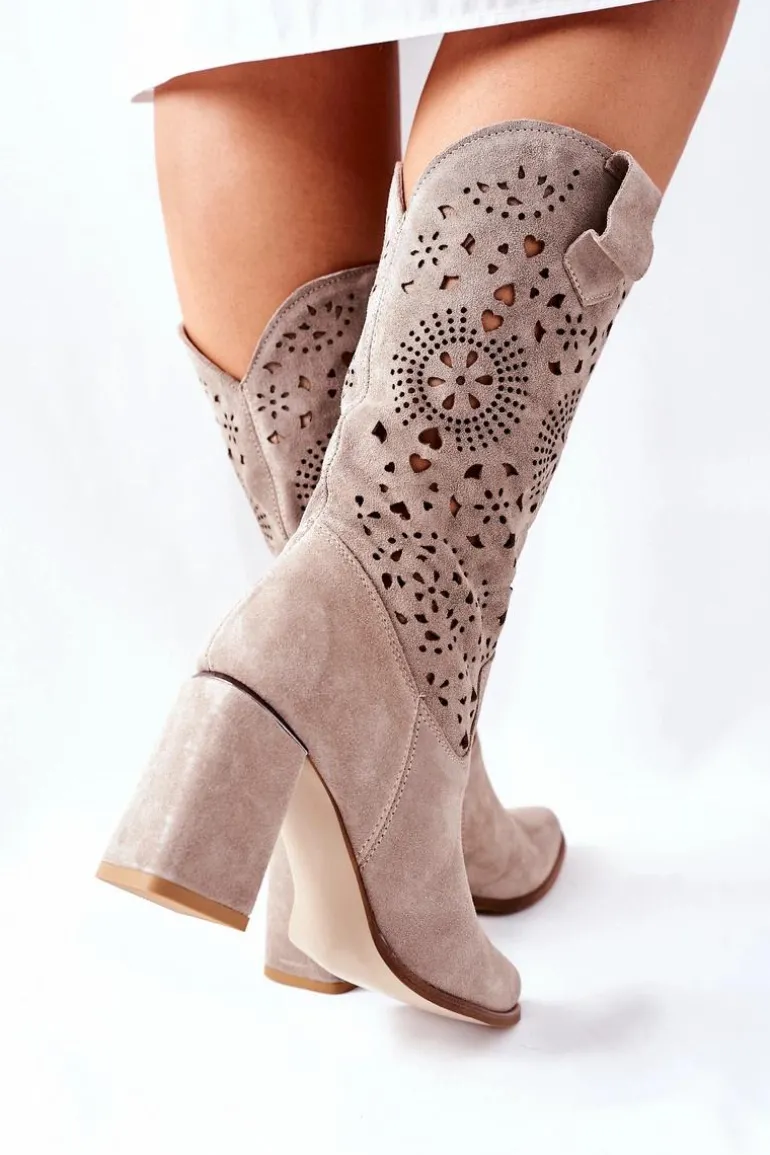 Damskie Skórzane Kozaki na Słupku Cappuccino Lewski 2923 Pick Me Up