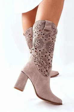 Damskie Skórzane Kozaki na Słupku Cappuccino Lewski 2923 Pick Me Up