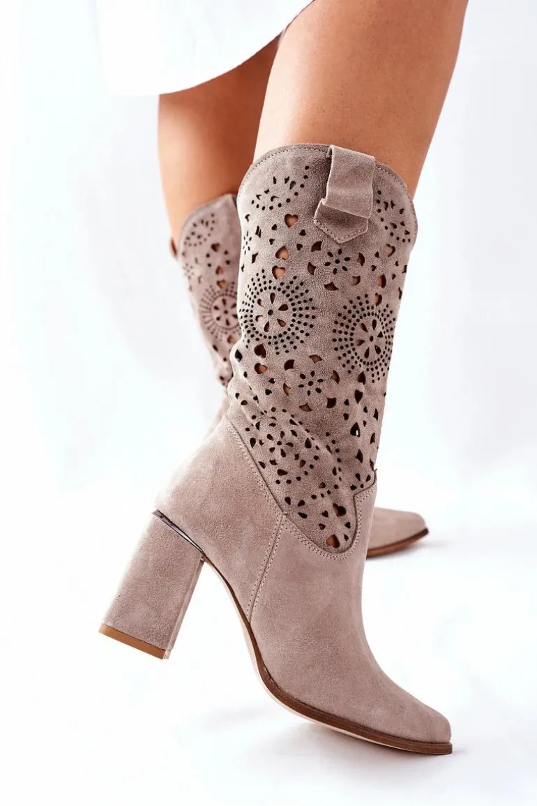 Damskie Skórzane Kozaki na Słupku Cappuccino Lewski 2923 Pick Me Up