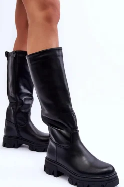 Damskie Skórzane Kozaki Oficerki Na Płaskim Obcasie Czarne Nenet