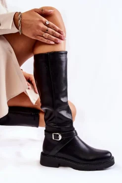 Damskie Skórzane Kozaki Z Paskiem Czarne Liese