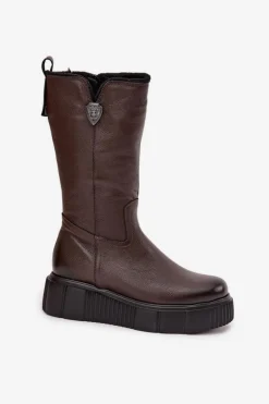 Damskie Skórzane Kozaki Z Wełną Zazoo 70121 Czekoladowe
