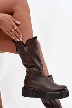 Damskie Skórzane Kozaki Z Wełną Zazoo 70121 Czekoladowe