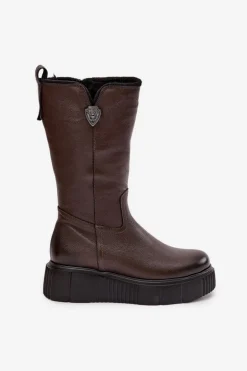 Damskie Skórzane Kozaki Z Wełną Zazoo 70121 Czekoladowe