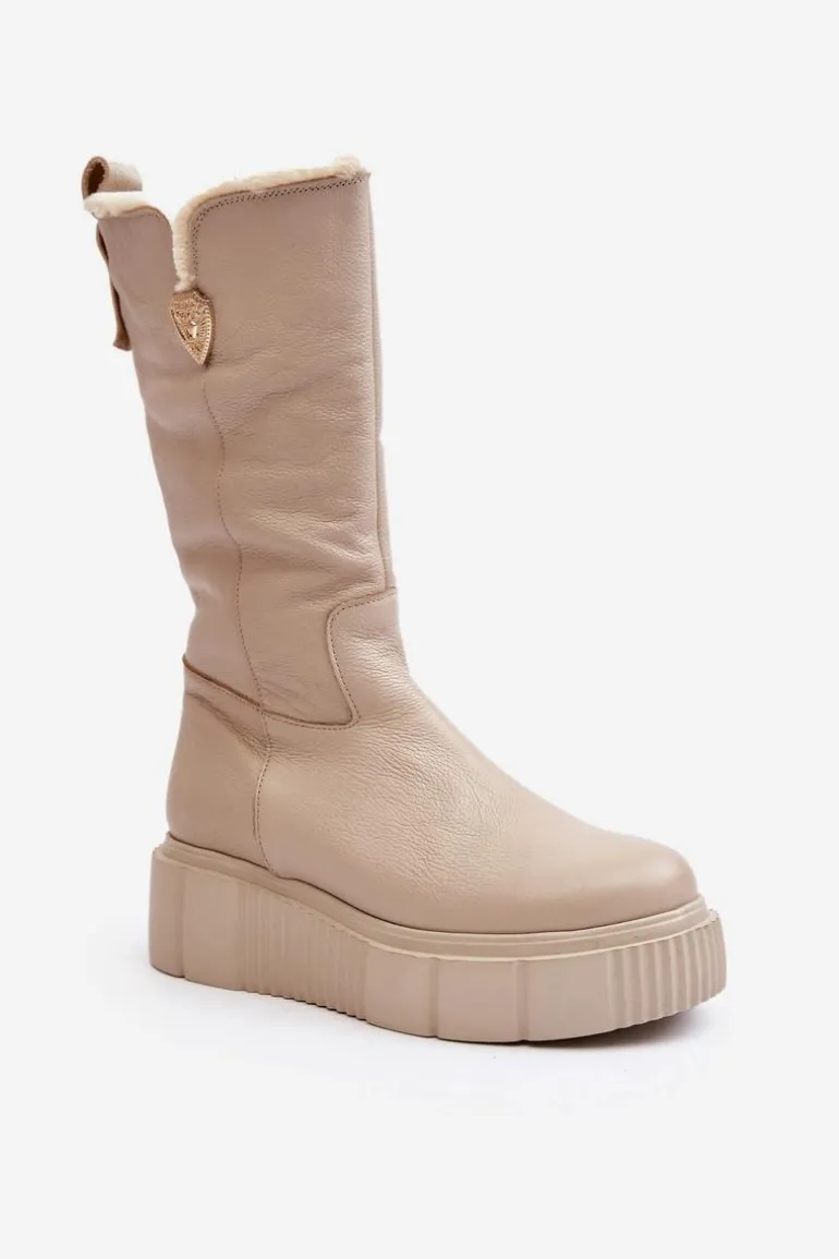 Damskie Skórzane Kozaki Z Wełną Zazoo 70121 Beżowe