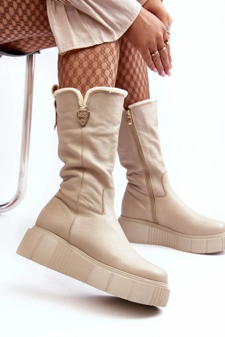 Damskie Skórzane Kozaki Z Wełną Zazoo 70121 Beżowe