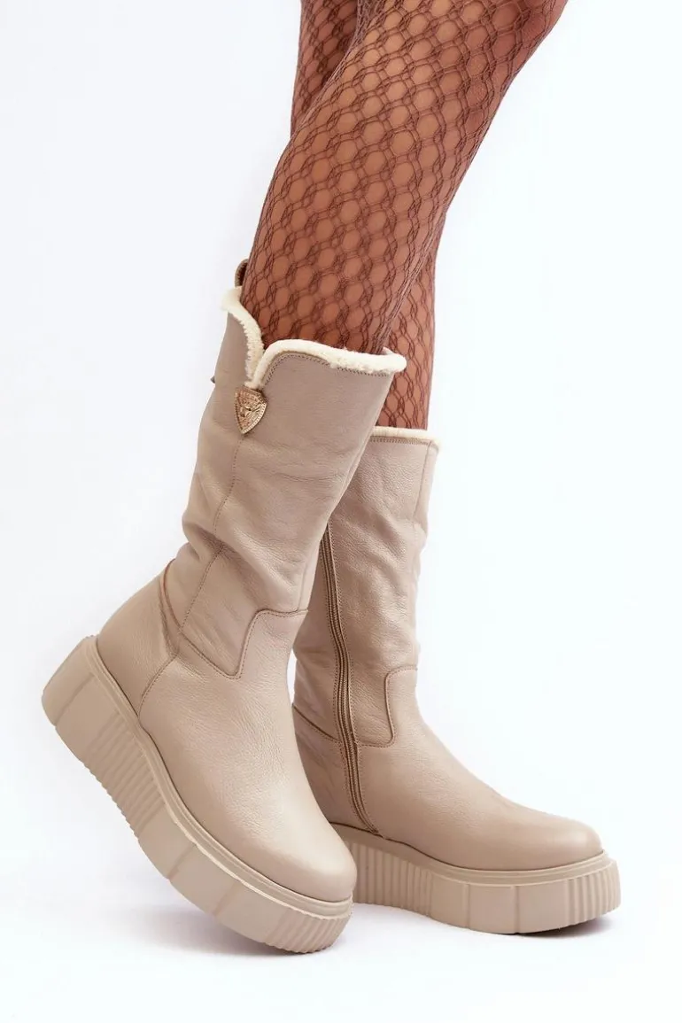 Damskie Skórzane Kozaki Z Wełną Zazoo 70121 Beżowe