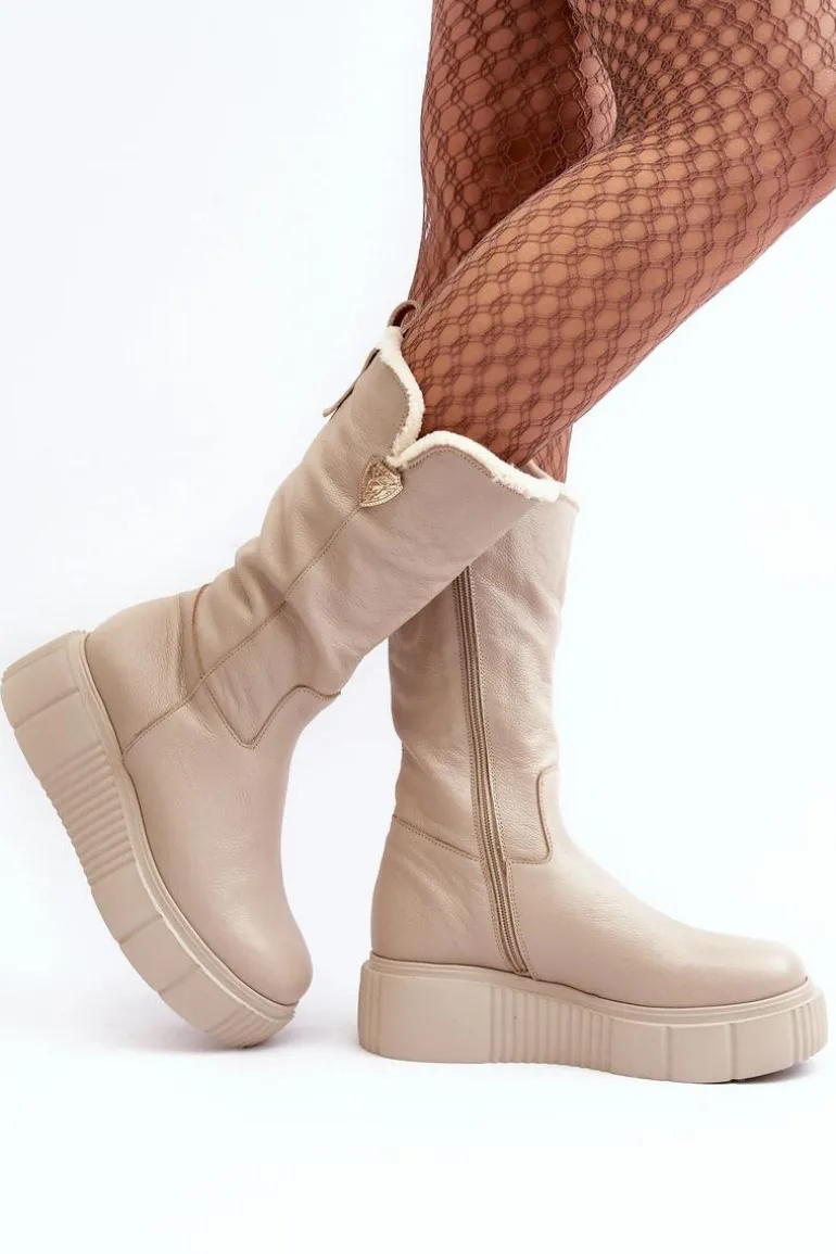 Damskie Skórzane Kozaki Z Wełną Zazoo 70121 Beżowe