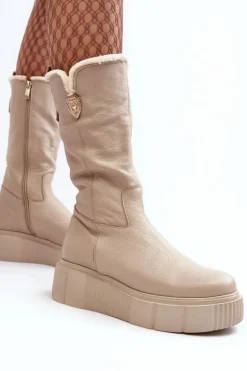 Damskie Skórzane Kozaki Z Wełną Zazoo 70121 Beżowe