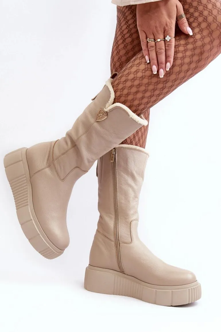 Damskie Skórzane Kozaki Z Wełną Zazoo 70121 Beżowe