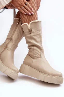 Damskie Skórzane Kozaki Z Wełną Zazoo 70121 Beżowe