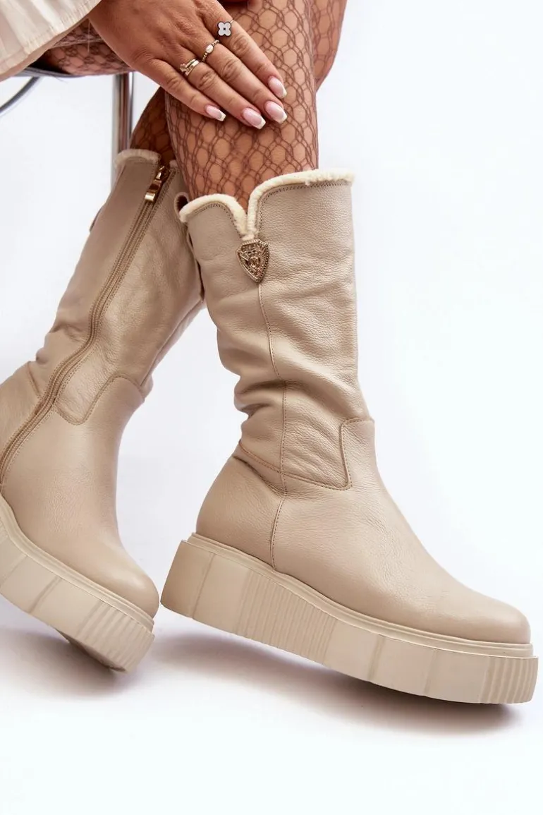 Damskie Skórzane Kozaki Z Wełną Zazoo 70121 Beżowe