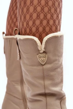 Damskie Skórzane Kozaki Z Wełną Zazoo 70121 Beżowe