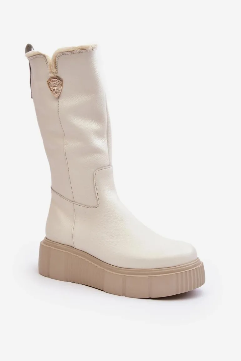 Damskie Skórzane Kozaki Z Wełną Kremowe Bayla