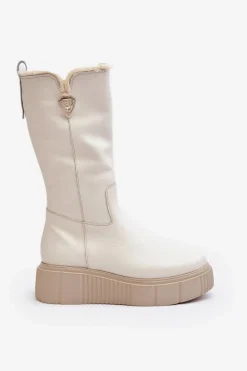 Damskie Skórzane Kozaki Z Wełną Kremowe Bayla