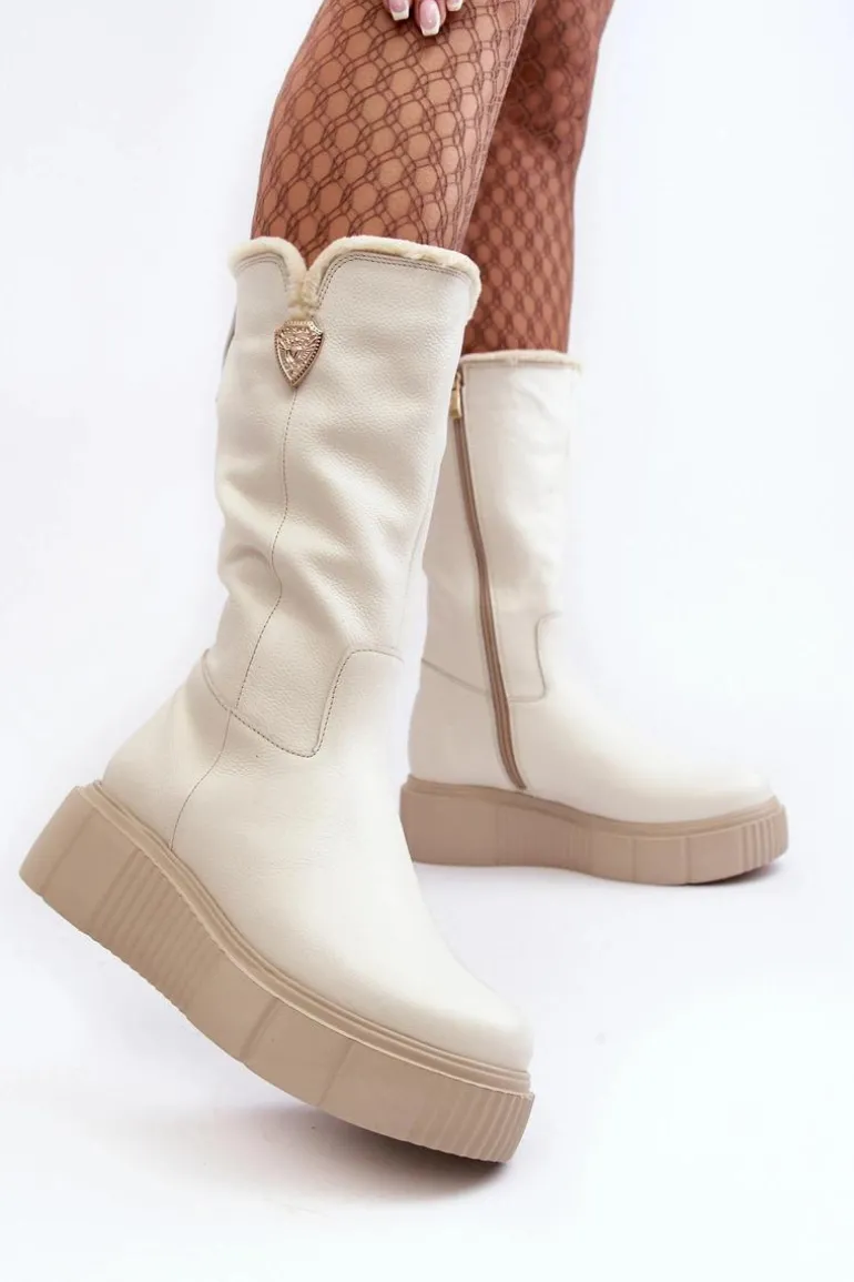 Damskie Skórzane Kozaki Z Wełną Kremowe Bayla