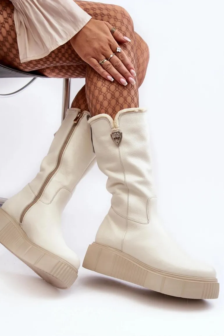 Damskie Skórzane Kozaki Z Wełną Kremowe Bayla