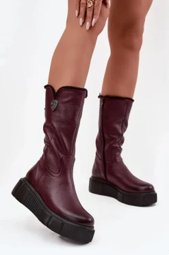 Damskie Skórzane Kozaki Z Wełną Zazoo 70121 Bordowe