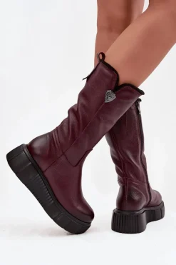Damskie Skórzane Kozaki Z Wełną Zazoo 70121 Bordowe