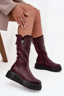 Damskie Skórzane Kozaki Z Wełną Zazoo 70121 Bordowe