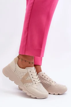 Damskie Skórzane Lekkie Buty Sportowe Beżowe Eleonori