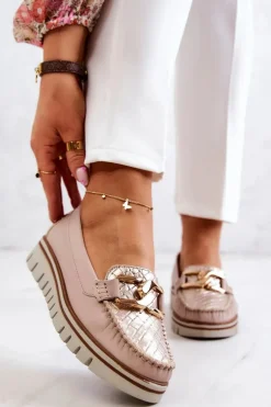 Damskie Skórzane Mokasyny Na Platformie Beżowe Venesia