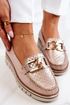 Damskie Skórzane Mokasyny Na Platformie Beżowe Venesia