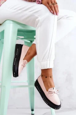 Damskie Skórzane Mokasyny Na Koturnie Różowe Cannes