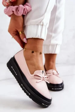 Damskie Skórzane Mokasyny Na Koturnie Różowe Cannes