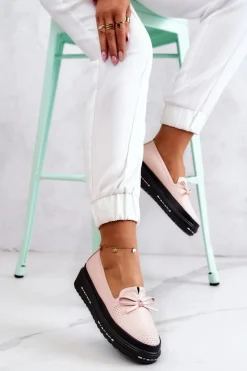 Damskie Skórzane Mokasyny Na Koturnie Różowe Cannes