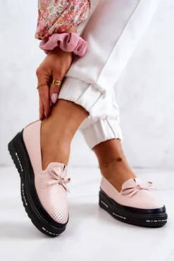Damskie Skórzane Mokasyny Na Koturnie Różowe Cannes