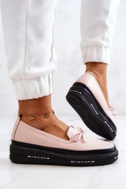 Damskie Skórzane Mokasyny Na Koturnie Różowe Cannes