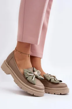 Damskie Skórzane Mokasyny Z Kokardą Laura Messi 2787 Beżowe