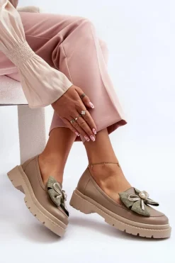 Damskie Skórzane Mokasyny Z Kokardą Laura Messi 2787 Beżowe