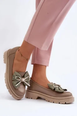 Damskie Skórzane Mokasyny Z Kokardą Laura Messi 2787 Beżowe