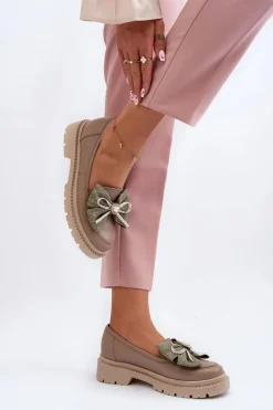 Damskie Skórzane Mokasyny Z Kokardą Laura Messi 2787 Beżowe