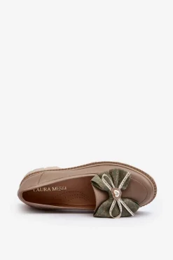Damskie Skórzane Mokasyny Z Kokardą Laura Messi 2787 Beżowe