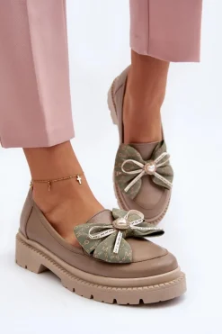 Damskie Skórzane Mokasyny Z Kokardą Laura Messi 2787 Beżowe