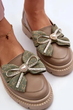 Damskie Skórzane Mokasyny Z Kokardą Laura Messi 2787 Beżowe