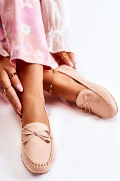 Damskie Skórzane Mokasyny Z Kokardą Nude Aurila