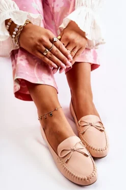 Damskie Skórzane Mokasyny Z Kokardą Nude Aurila