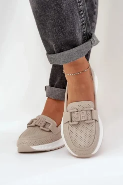 Damskie Skórzane Mokasyny Na Platformie S.Barski LR51-556 Beżowe