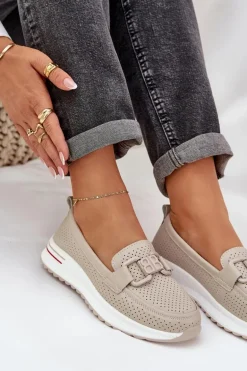 Damskie Skórzane Mokasyny Na Platformie S.Barski LR51-556 Beżowe