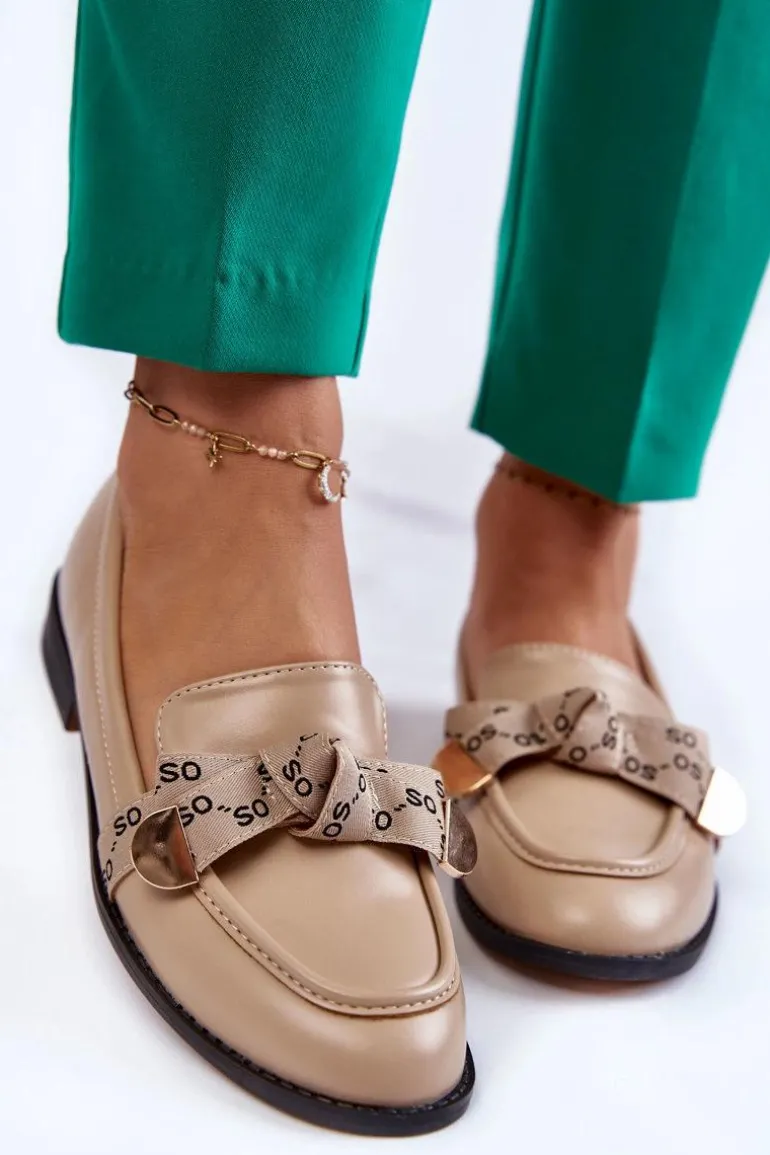 Damskie Skórzane Mokasyny Z Kokardą Beżowe Dayes