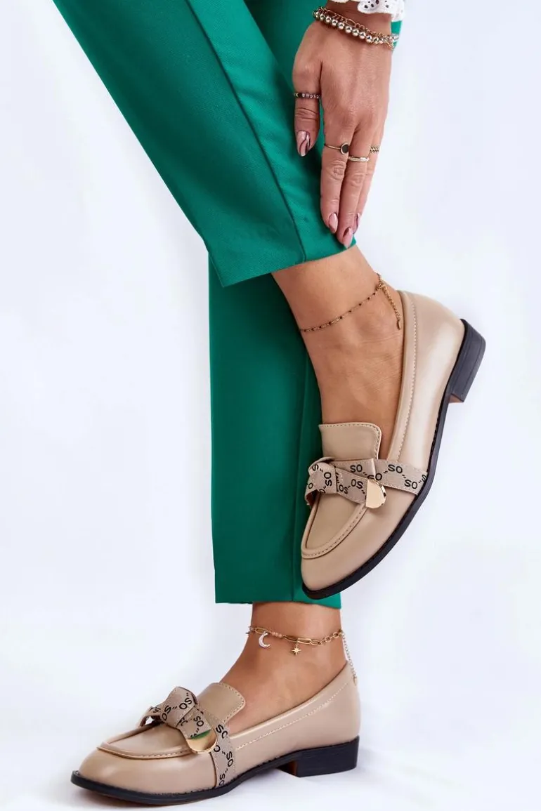 Damskie Skórzane Mokasyny Z Kokardą Beżowe Dayes