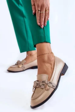 Damskie Skórzane Mokasyny Z Kokardą Beżowe Dayes